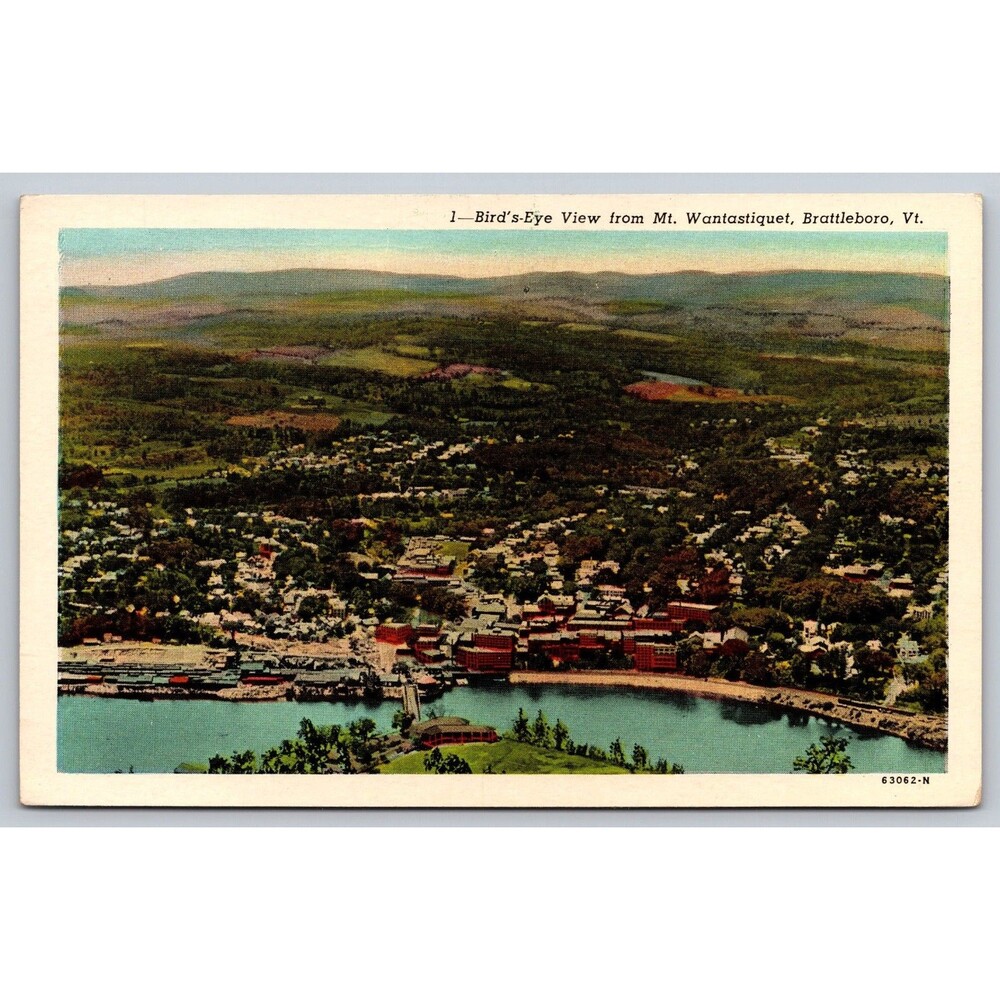 Vintage Postcard Brattleboro VT Bird's Eye View Mt Wantastiquet c1940s Vermont